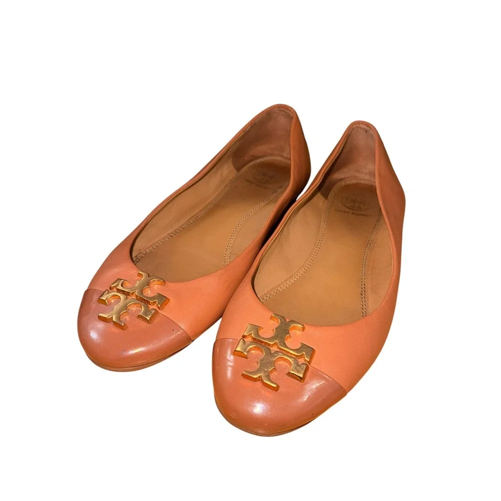 Tory Burch EVERLY Ballet Flats Women 6 Pre-Owned Tan Leather Gold Logo Reva Shoe